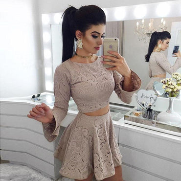Two Piece A-Line Long Sleeves Lace Short Homecoming Dress INM14