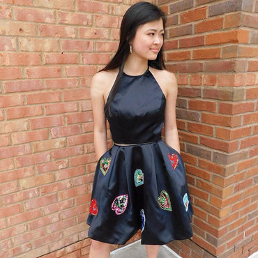 Two Piece Halter Backless  Black Homecoming Dress with Pockets INM22