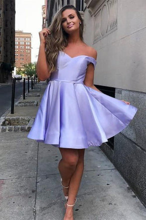 Off the Shoulder Satin A Line Short Homecoming Dress INN40