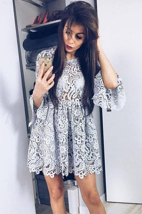 A-Line Crew Long Sleeve Above Knee Grey Lace Homecoming Dress IND29