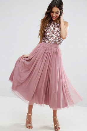 Jewel Neck Tea Length Dusty Rose A Line Homecoming Dress INO24
