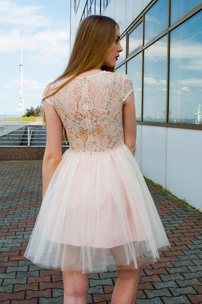 Jewel Neck Lace Top Tulle Cap Sleeves Homecoming Dress INN38