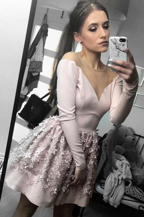 A-line Nude Long Sleeve Short Homecoming Party Dress with Flowers INO57