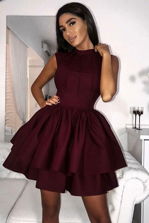 Cute Burgundy High Neck Short Homecoming Dresses With Tiered Skirt INM44