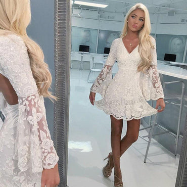 A-Line V-neck Open Back Bell Sleeves Short White Lace Homecoming Dress INM8