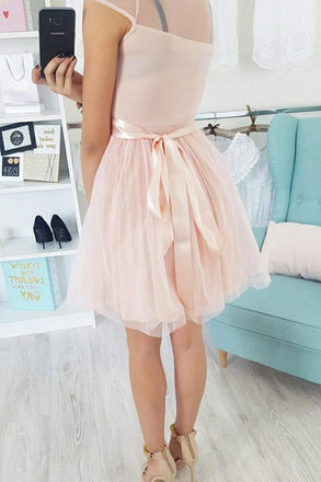 Appliques Cap Sleeve Pearl Pink Tulle Short Homecoming Dress INM42