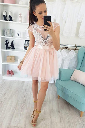 Appliques Cap Sleeve Pearl Pink Tulle Short Homecoming Dress INM42