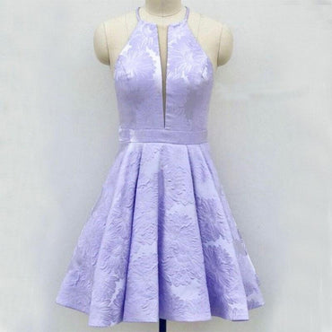 A-Line Above-Knee Lilac Satin Printed Homecoming Dress with Pockets INM15