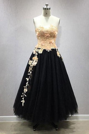 A Line Tulle Lace Appliqued Long Black Prom Dress INO52