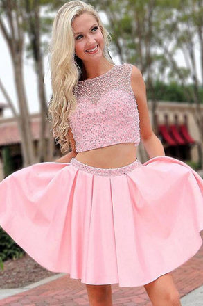 Boat Neck Two Piece Pink A Line Homecoming Dress with Beading INO30