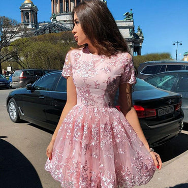 A-Line Short Sleeves Short Pink Homecoming Dress with Lace Appliques INM20