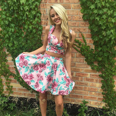 Two Piece Straps Floral Printed Cute Homecoming Dress INM21