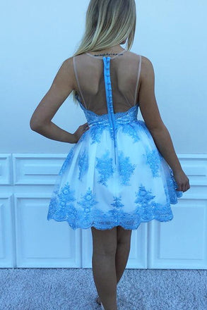 Halter A Line Lace Appliques Short Sky Blue Homecoming Dress INO26