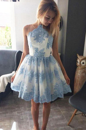 Halter A Line Lace Appliques Short Sky Blue Homecoming Dress INO26