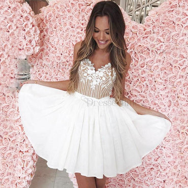 A-Line Spaghetti Straps White Homecoming Dress with Lace Appliques INM5