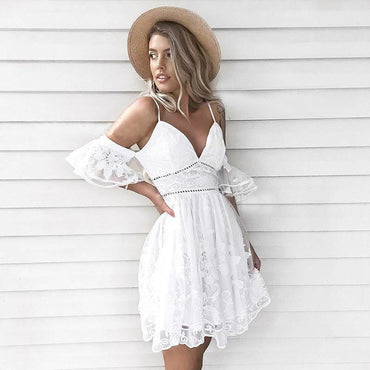 A-Line Spaghetti Straps Short White Lace Homecoming Dress INM7