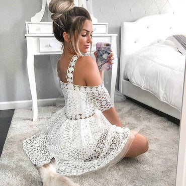 Cute A-Line White Lace Homecoming Dress,Short Prom Dresses INM6