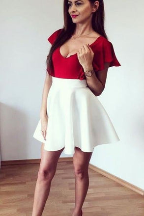 Deep V-Neck Sleeveless Off White Satin Short Homecoming Dress With Red Top IND42