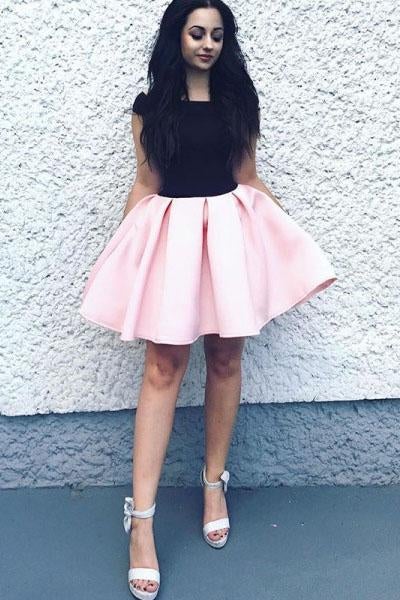Elegant A-Line Bateau Sleeveless Pink Short Homecoming Dress With Black Top IND36