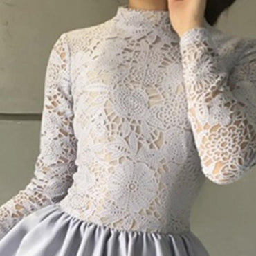 Cute A-Line Jewel Long Sleeves Grey Short Homecoming Dress with Lace Top IND35