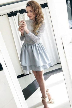Cute A-Line Jewel Long Sleeves Grey Short Homecoming Dress with Lace Top IND35