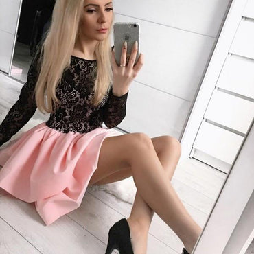 A-Line Jewel Long Sleeves Pink Short Homecoming Dress with Black Lace IND20
