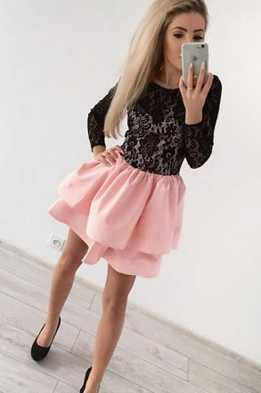A-Line Jewel Long Sleeves Pink Short Homecoming Dress with Black Lace IND20