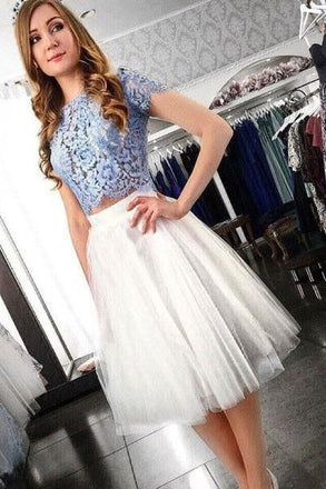 Two Piece Blue Lace Top Short Sleeves Tulle Homecoming Dresses IND38