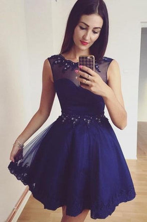 Royal Blue Beaded A-Line Tulle Short Homecoming Dress with Lace Appliques IND30