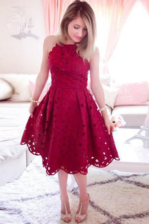 Halter Lace Knee Length Red A Line Homecoming Dress INO28