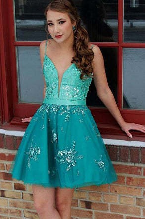 A Line Spaghetti Straps Appliques Homecoming Dress INN37