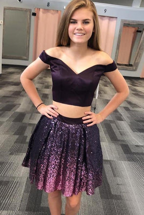 Two Piece Off the Shoulder Grape Sequined Short Homecoming Dress IND91