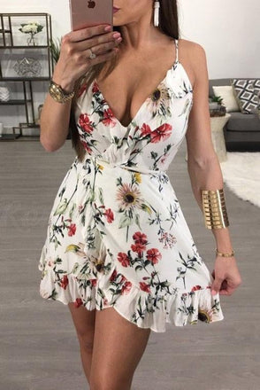 Sexy A-Line Spaghetti Straps Short Floral Homecoming Dress with Ruffles IND37