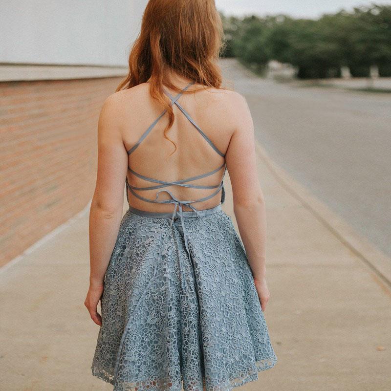 A-Line Spaghetti Straps Backless Blue Lace Homecoming Dress INM13