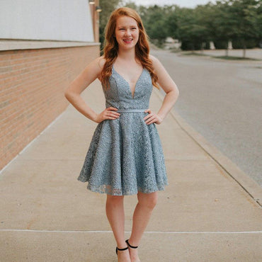 A-Line Spaghetti Straps Backless Blue Lace Homecoming Dress INM13