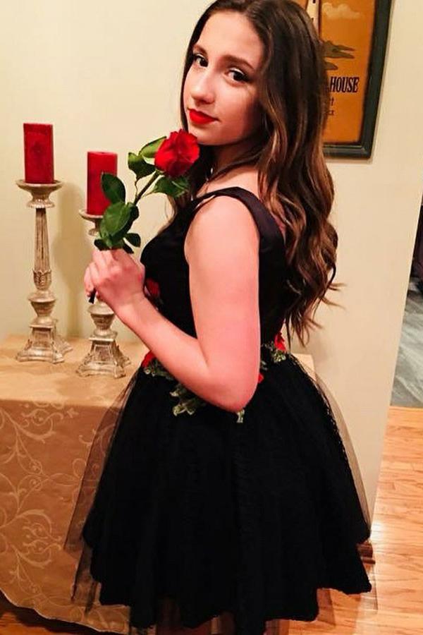 Fit & Flare Little Black Floral Homecoming Dress INO33
