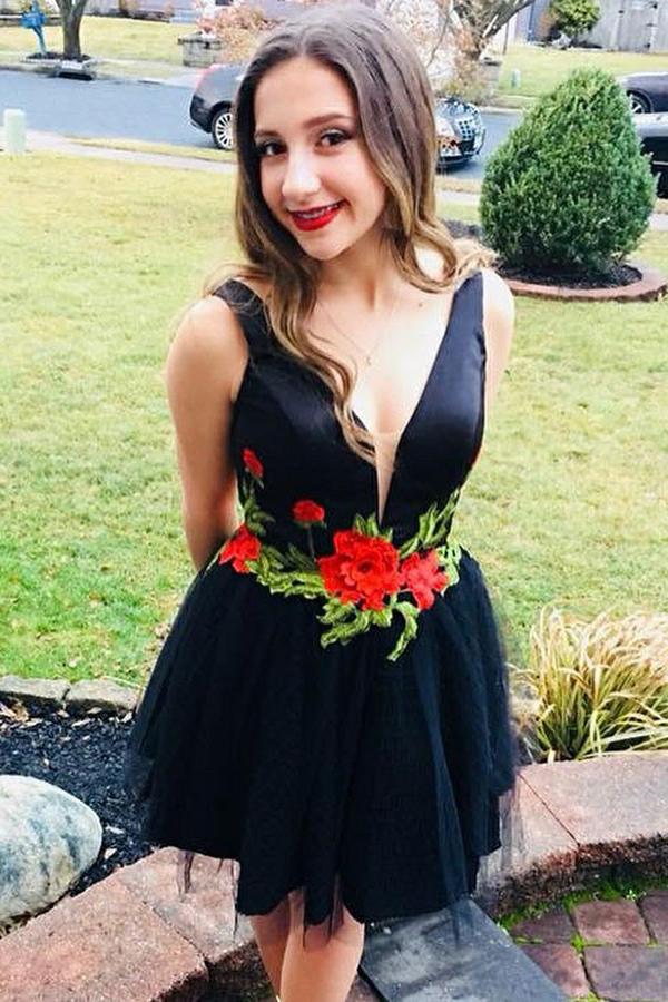 Fit & Flare Little Black Floral Homecoming Dress INO33