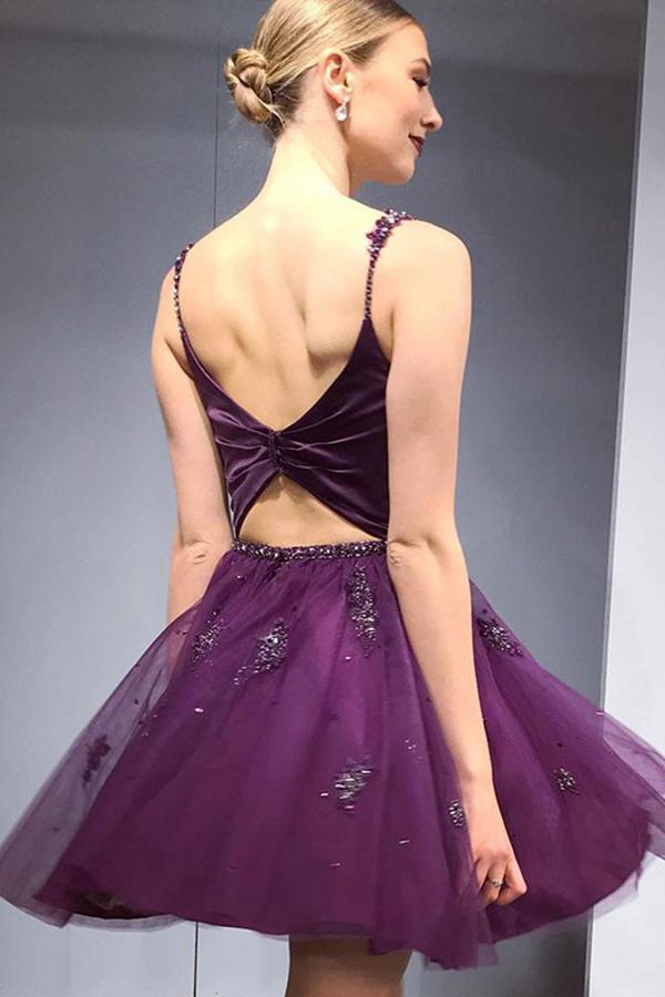 Spaghetti Straps Two Piece Purple Homecoming Dress with Beading INO32