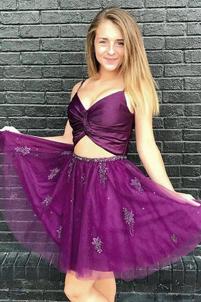 Spaghetti Straps Two Piece Purple Homecoming Dress with Beading INO32