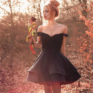 A Line Off The Shoulder Black Short Homecoming Dress INM10
