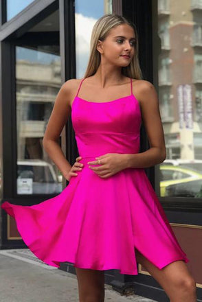 Fancy Spaghetti Straps Fuchsia Above Knee Split Homecoming Dress INO34