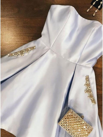 Elegant Strapless Pink Satin Homecoming Dress with Beading Pockets INO40