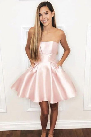 Elegant Strapless Pink Satin Homecoming Dress with Beading Pockets INO40