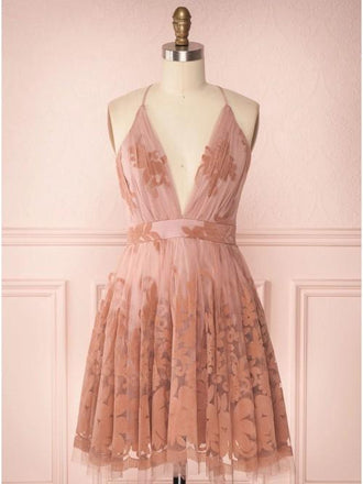 Spaghetti Straps Short Pink Homecoming Dress Criss Cross Back INO75