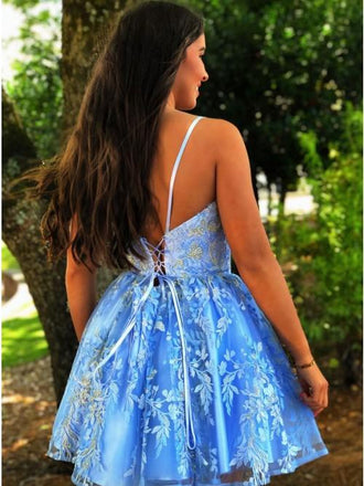 A Line Spaghetti Straps Blue Homecoming Dress With Appliques INO35