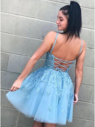 Modest A-Line Blue V-neck  Homecoming Dress with Appliques INO37