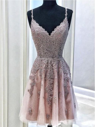 V-Neck Short Prom Homecoming Dress with Appliques Beading INO36