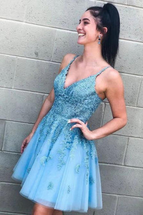 Modest A-Line Blue V-neck  Homecoming Dress with Appliques INO37