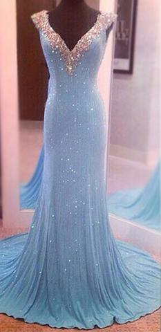Modest V-Neck Sleeveless Sequins Blue Mermaid Backless Floor-Length Long Prom Dresses IN397