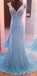 Modest V-Neck Sleeveless Sequins Blue Mermaid Backless Floor-Length Long Prom Dresses IN397